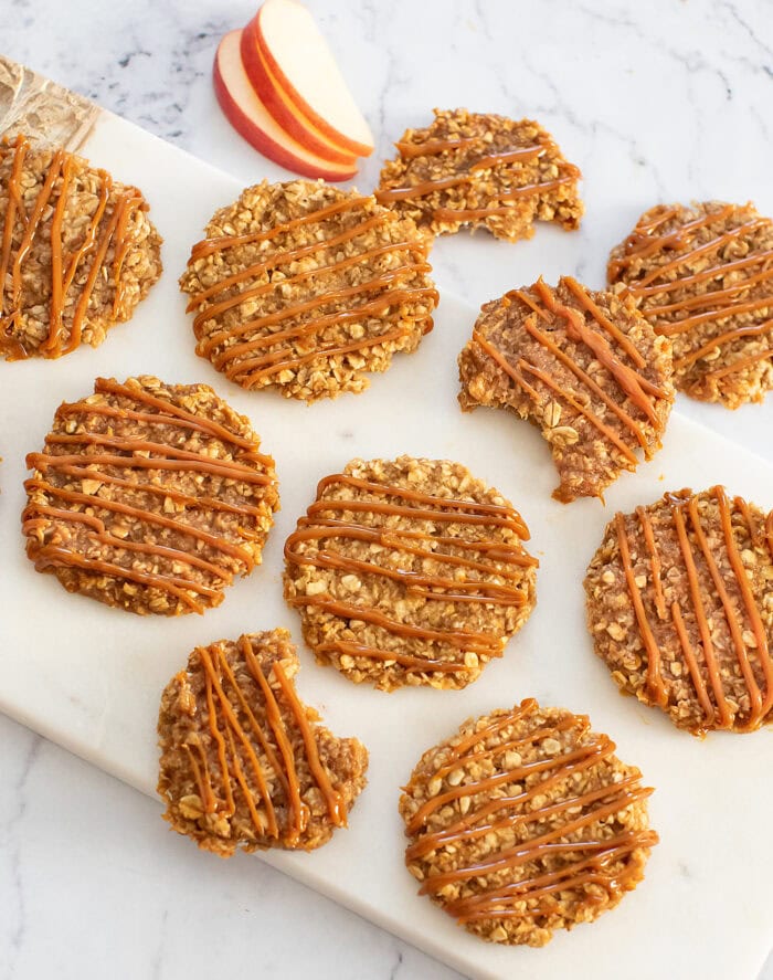 Caramel apple cookies with a caramel drizzle and sea salt