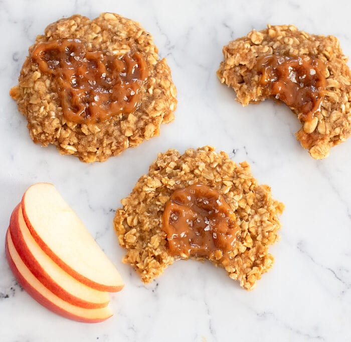 Caramel apple oatmeal cookies with a caramel center