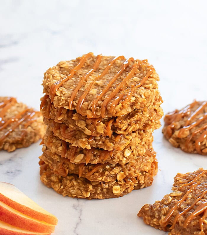 A stack of caramel apple oatmeal cookies