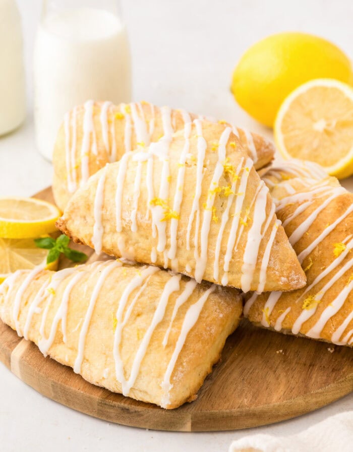 Lemon scones on a wood serving tray