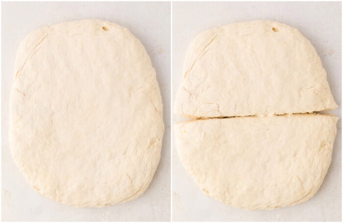 Dough rolled out and then cut in half