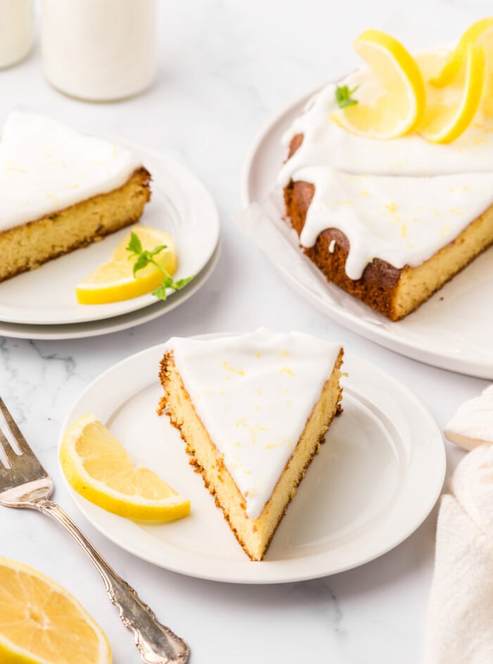 A slice of keto lemon cake on a white plate