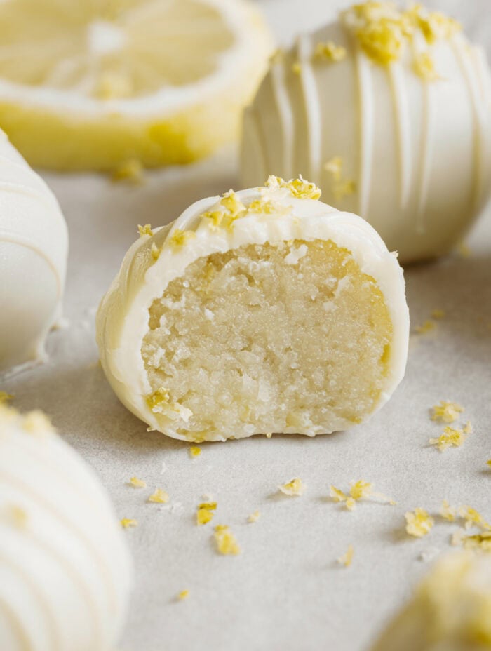 The inside of a lemon cake truffle