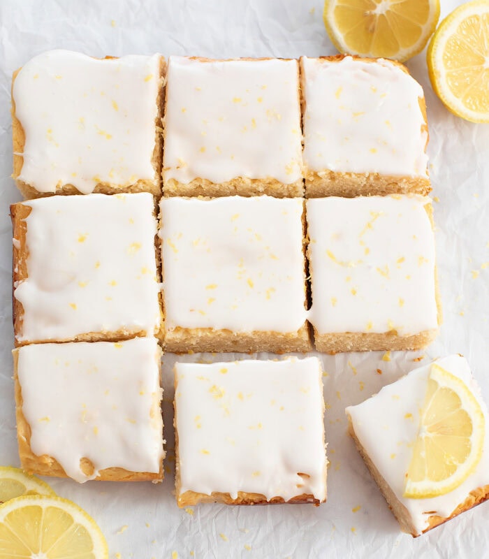 Lemon brownies cut into squares