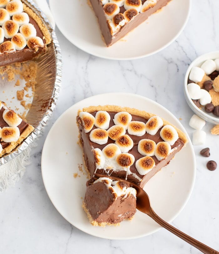 Taking a bite from a slice of No Bake S’mores Pie