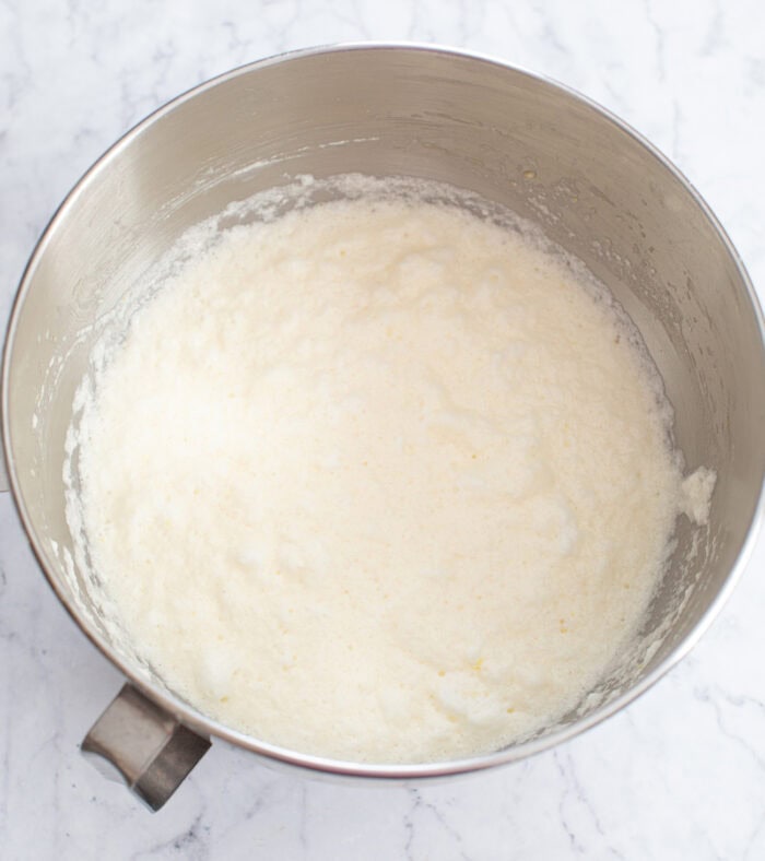 Batter in a bowl for lemon magic cake