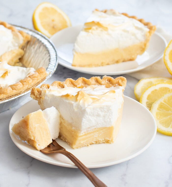 A creamy lemon custard filling of a magic lemon pie