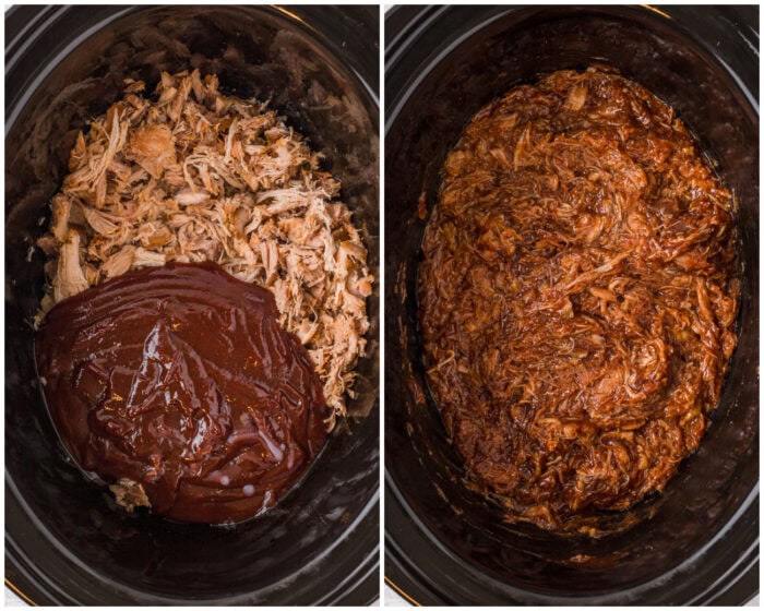 Shredded pork in a slow cooker with BBQ sauce