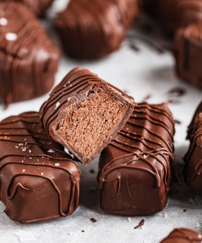 Chocolate candy bars with a soft chewy center and coated in a chocolate shell