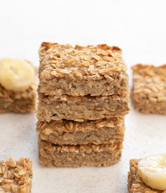 Banana oatmeal bars in a stack