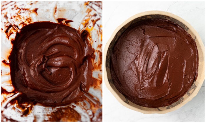 Chocolate cake batter in a blender and in a cake pan