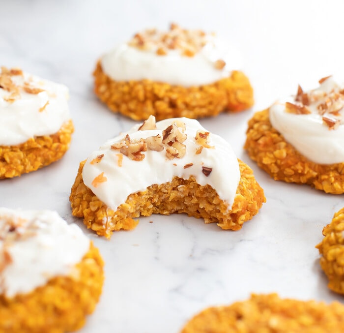 A bite taken from a Carrot Cake Oatmeal Cookie