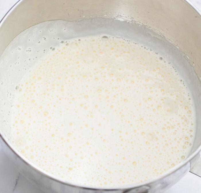 Eggs and sugar mixed in a stand mixer