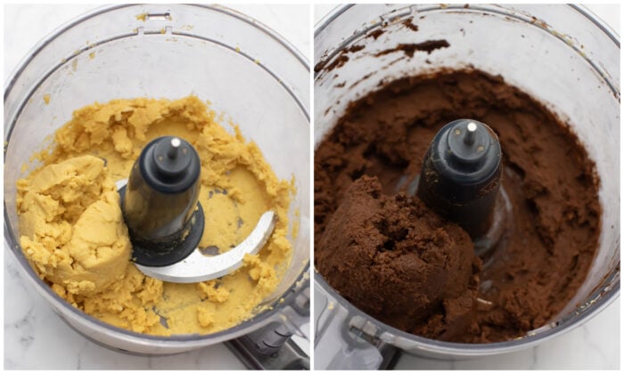 Chickpeas mixed in a food processor then mixed with melted chocolate and peanut butter