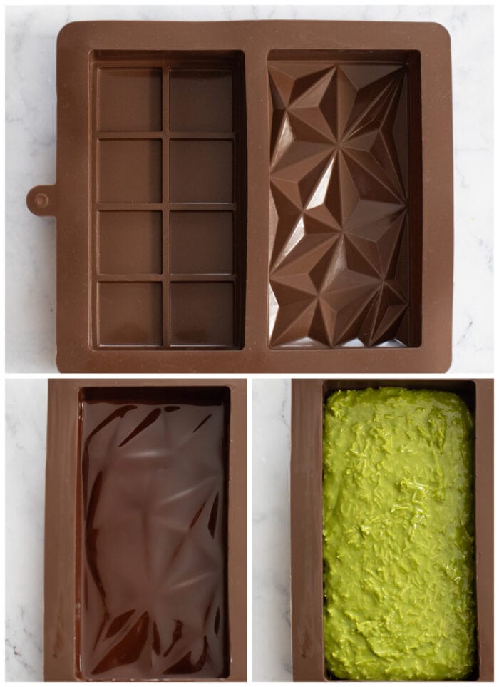 The kaitafi mixture spread into a chocolate mold and then melted chocolate on top, covering the chocolate molds.