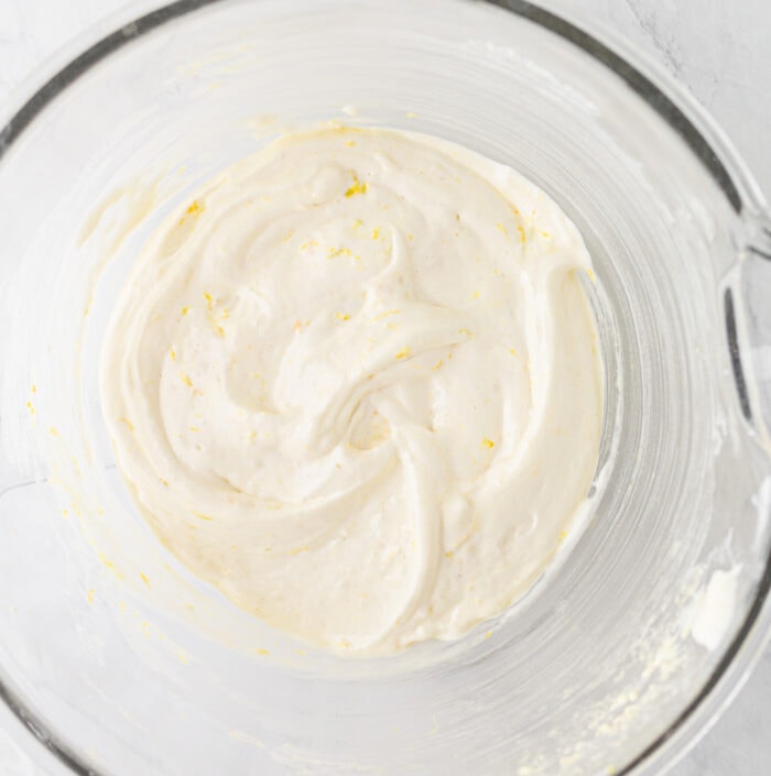 Lemon cake batter in a glass bowl