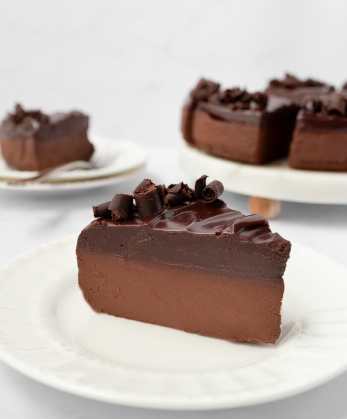 A slice of chocolate cake on a white plate