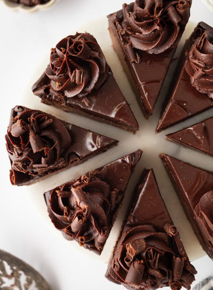 Chocolate Cheesecake cut into eight slices