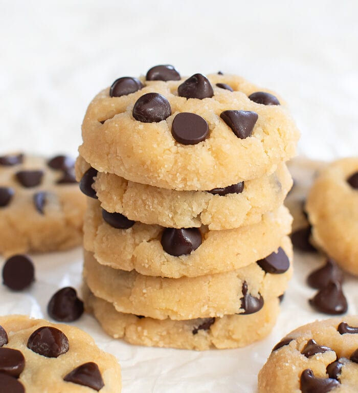 A stack of five chocolate chip cookies