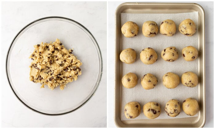 Cookie dough in a glass bowl and then rolled into balls on a baking sheet