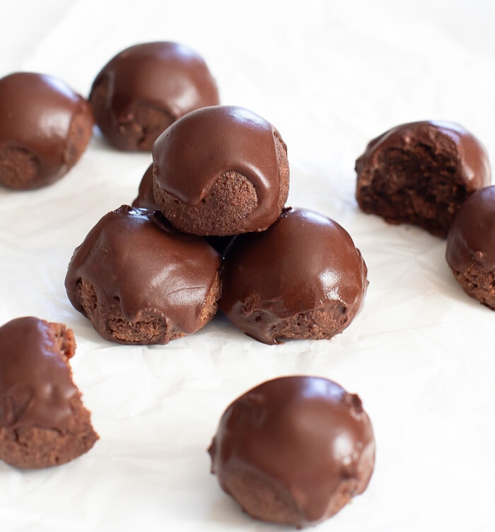 Chocolate donut holes with a chocolate glaze 