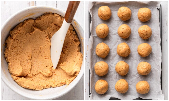 Dough in a bowl and then rolled into balls on a baking sheet