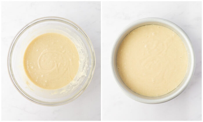 Cake batter in a bowl and then poured in a cake pan