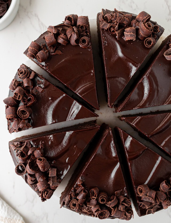 A chocolate cake cut into slices
