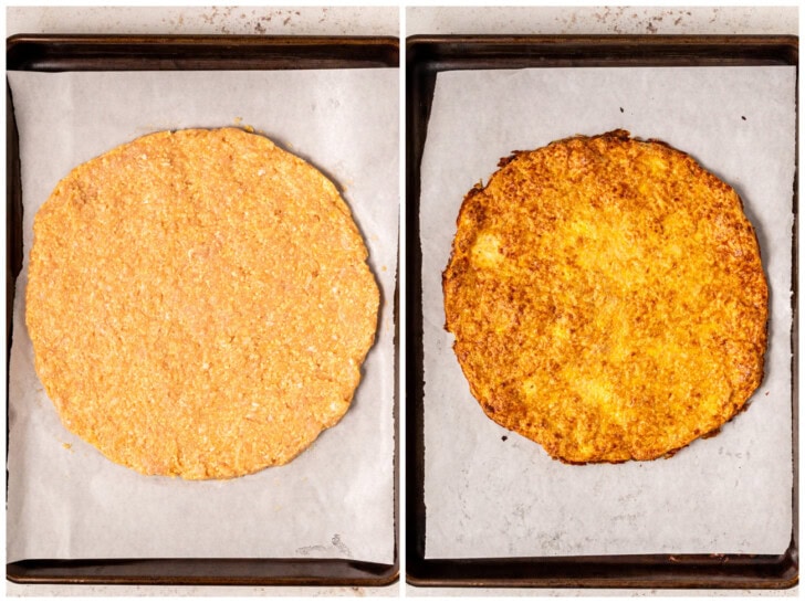 Crust spread into a circle on a baking pan and the crust after baking