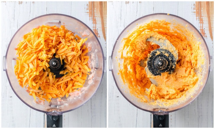 Cheese, chicken and eggs mixed in a food processor