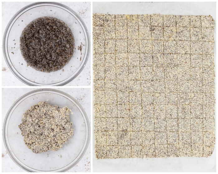 Dough for crackers in bowls and then rolled out and cut into squares