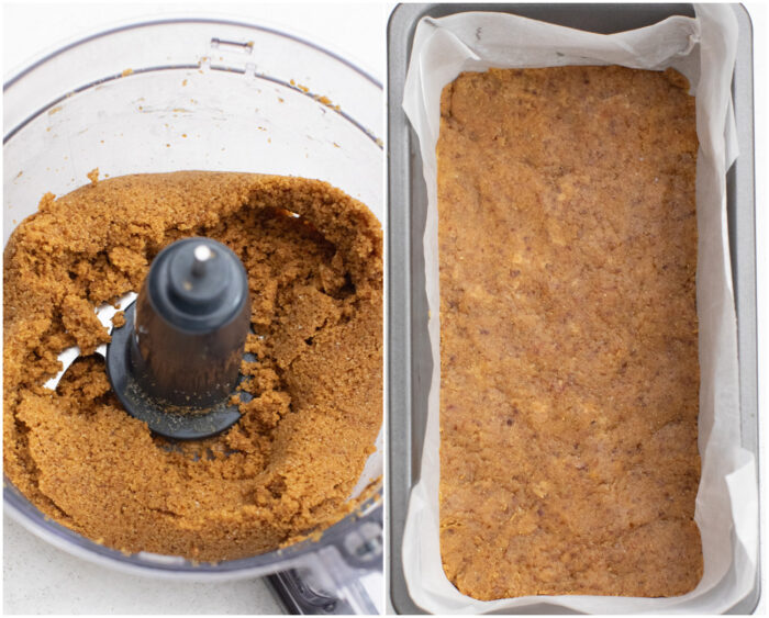 Brownie mixture in a food processor and then in a loaf pan