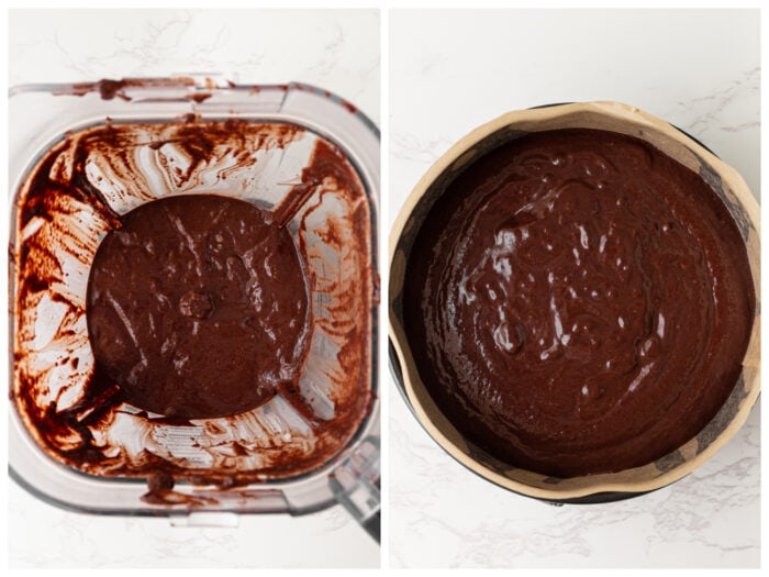 Chocolate cake batter mixed in a blender and then in a cake pan