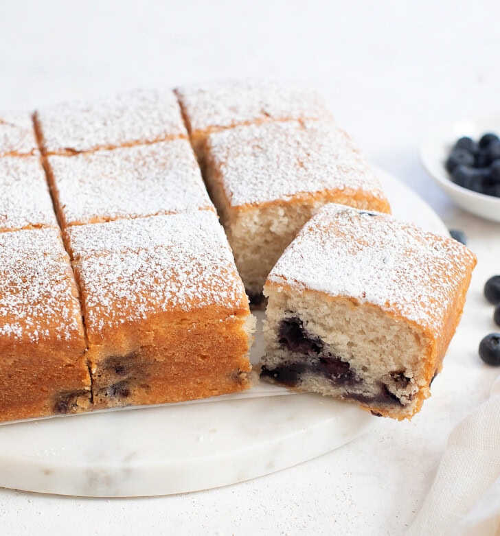 Blueberry cake cut into squares