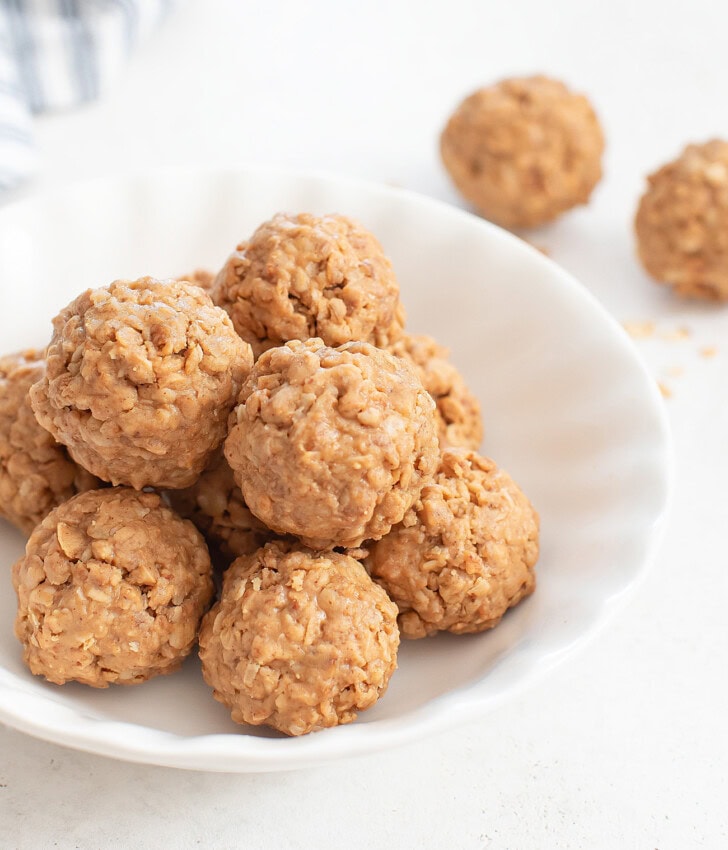 Oatmeal balls in a small white bowl