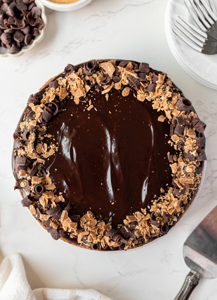 A cake decorated with chocolate frosting and peanut butter and chocolate pieces