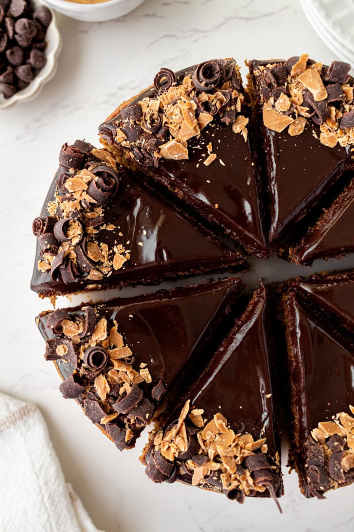 A peanut butter cake cut into slices