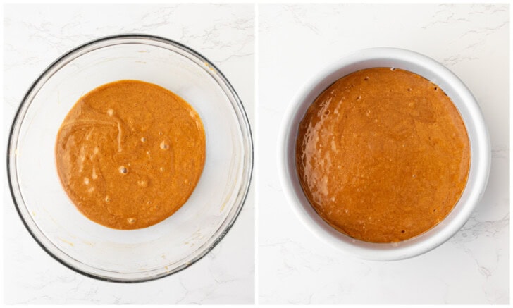 Ingredients mixed in a glass bowl and the batter in a cake pan