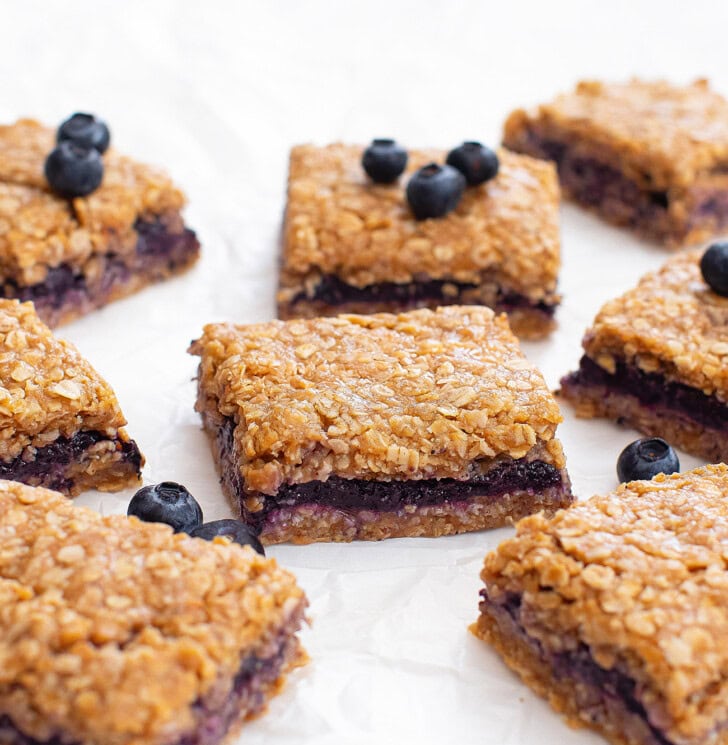 Blueberry Oatmeal Bars cut into squares