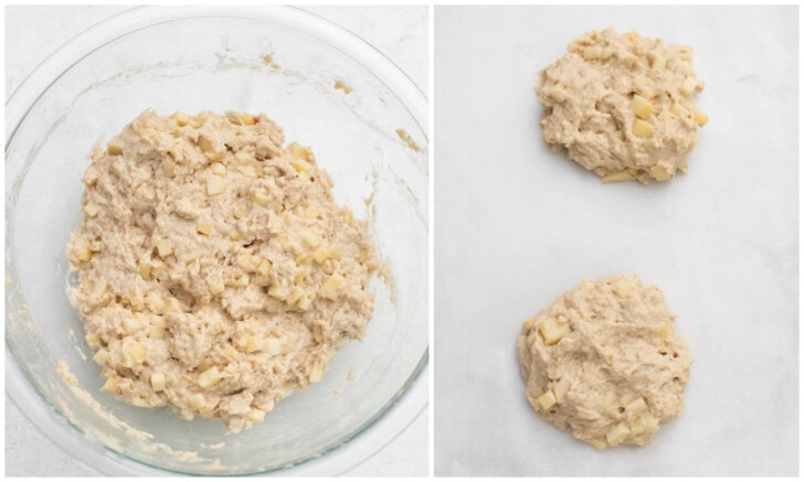 Apple fritter batter in a glass bowl and scooped on a baking sheet
