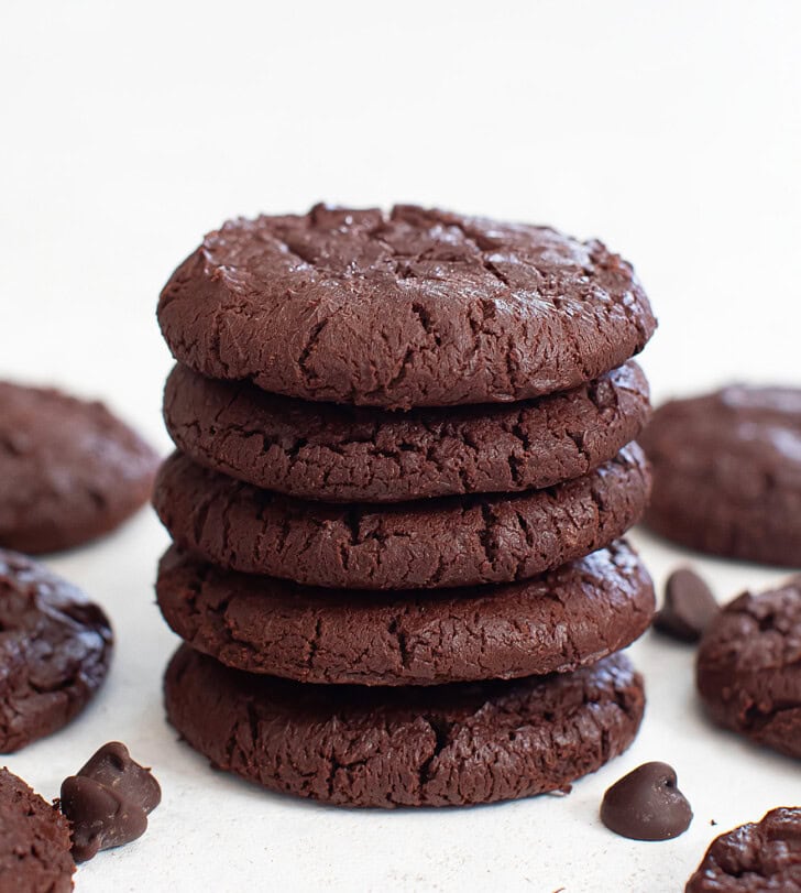 A stack of four chocolate cookies