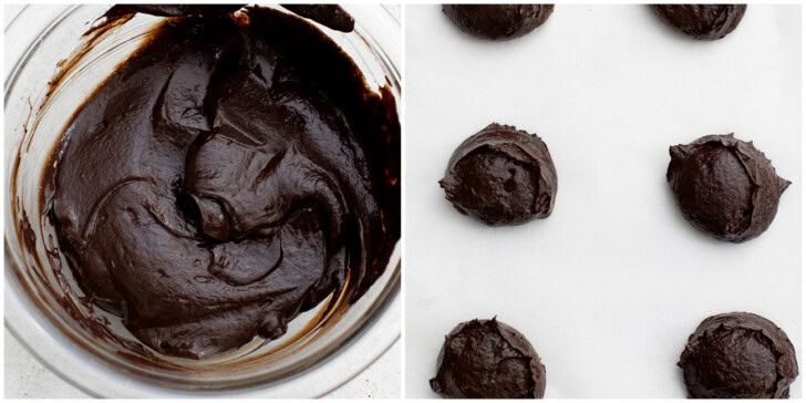 Batter in a glass bowl and scooped onto a baking sheet