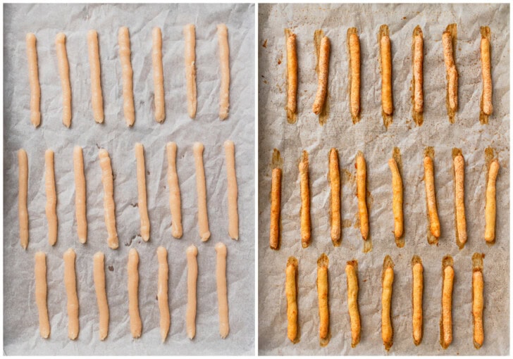 Chicken paste piped into long strips on parchment paper and then after baking