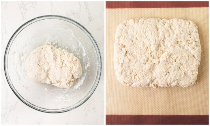 Biscuit dough in a glass bowl and then rolled into a rectangle