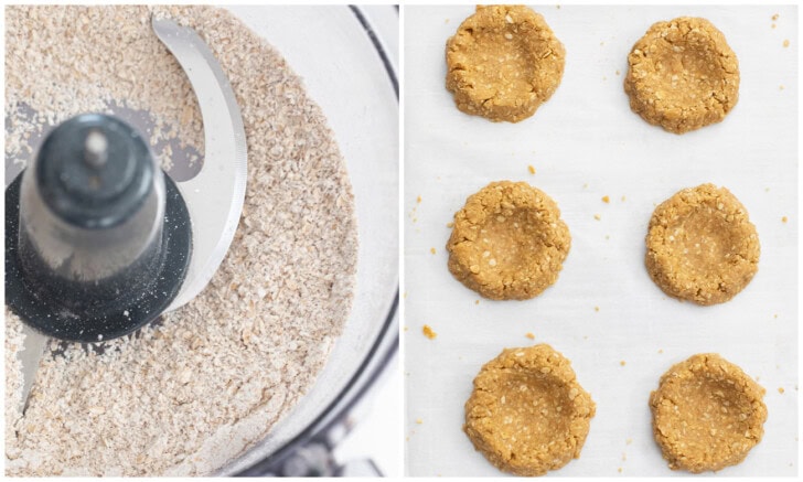 Oats pulsed in a food processor and cookie dough scooped onto a baking sheet with a large indent in the center