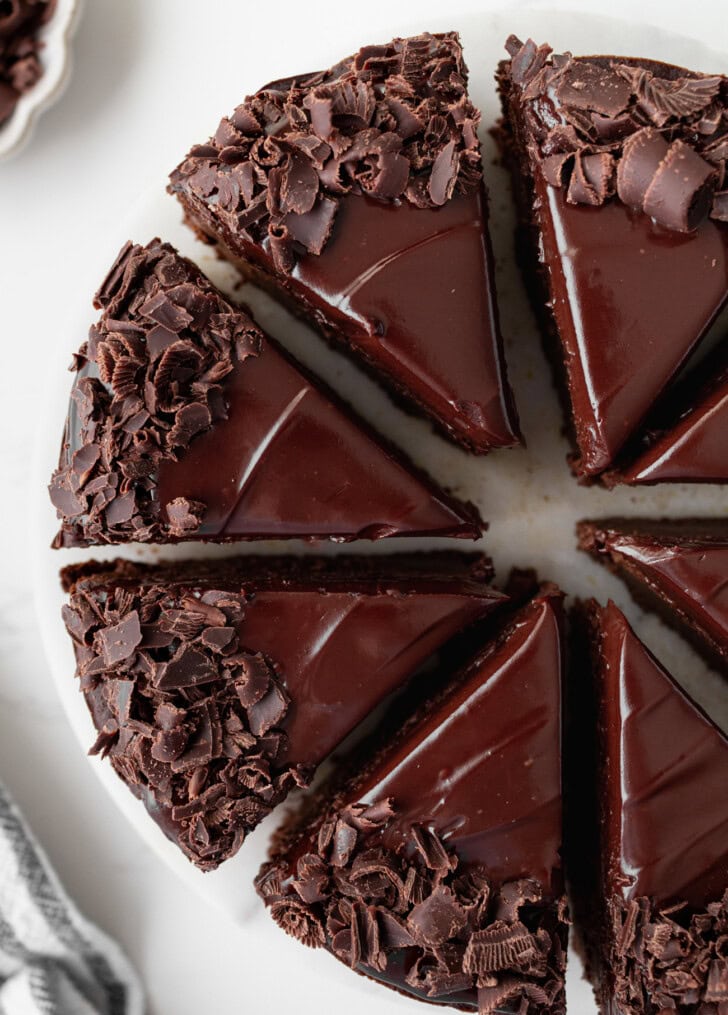 A chocolate cake cut into slices