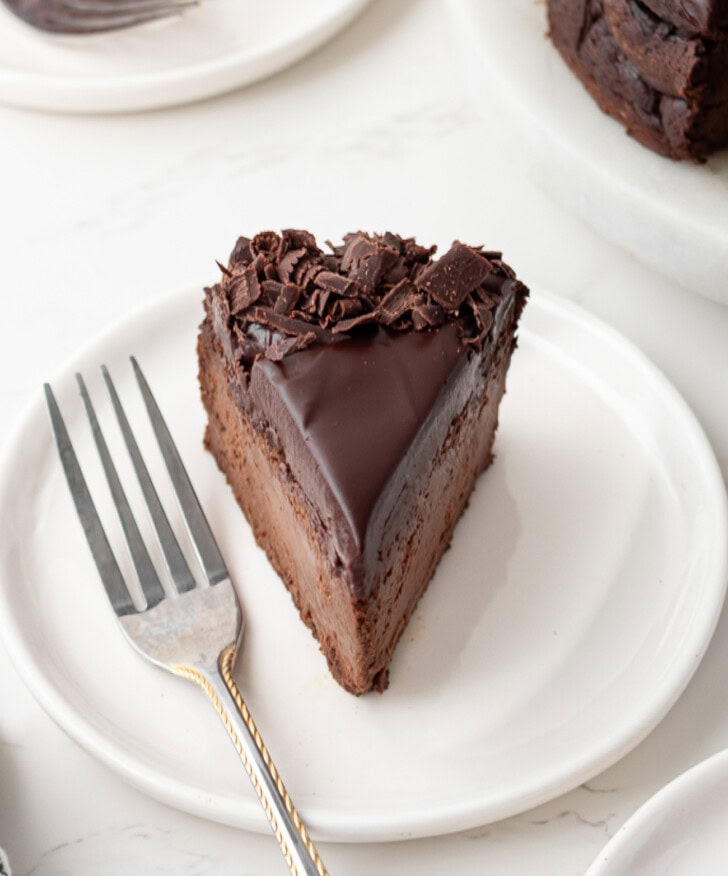 A slice of chocolate cake on a plate with a fork