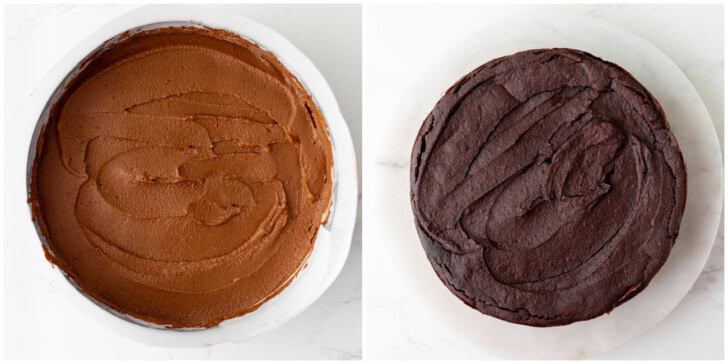 Cake batter in a cake pan and after baking