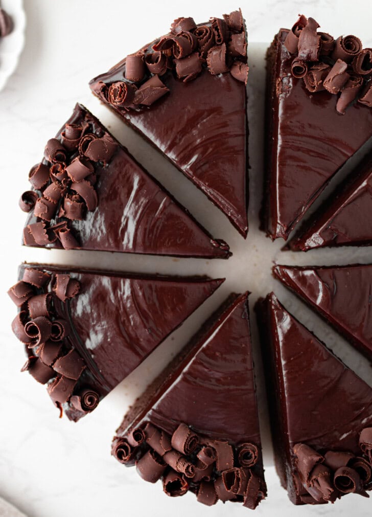 A chocolate cake cut into slices