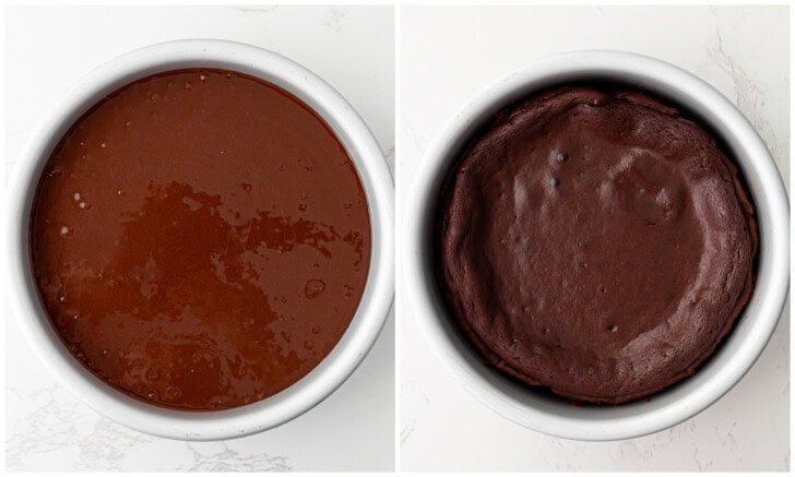 Chocolate cake batter in a cake pan and after cooking